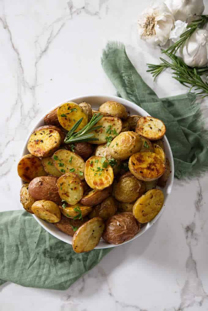 overhead shot of garlic and rosemary roasted potatoes