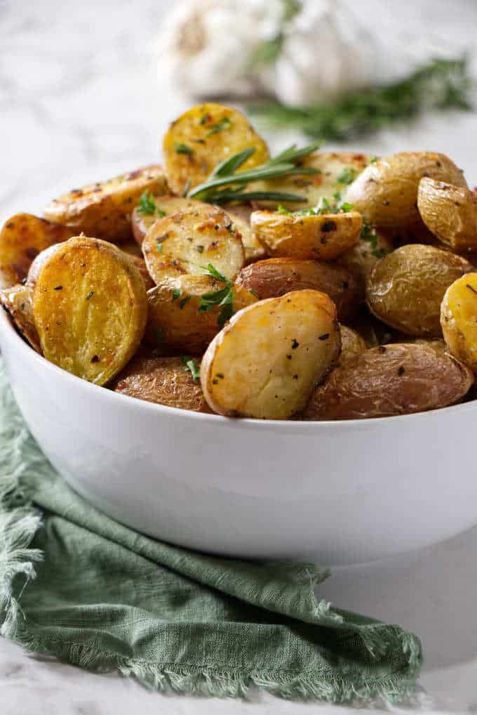 a bowl of rosemary roasted potatoes