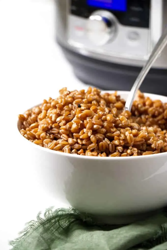 a bowl of farro with an instant pot in the background