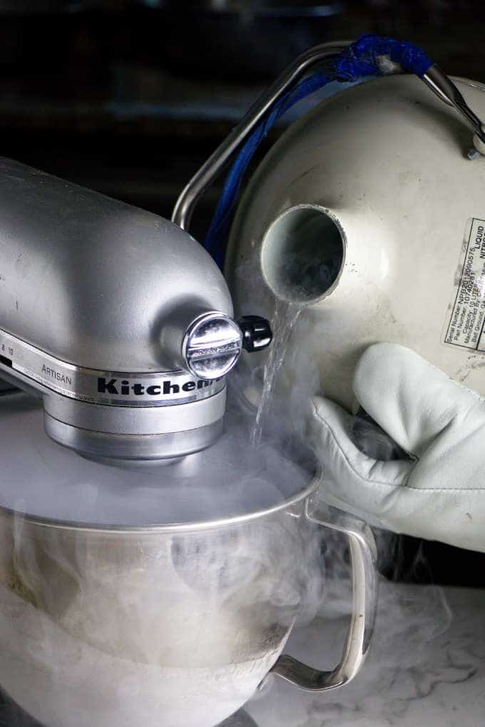 pouring liquid nitrogen into a mixer