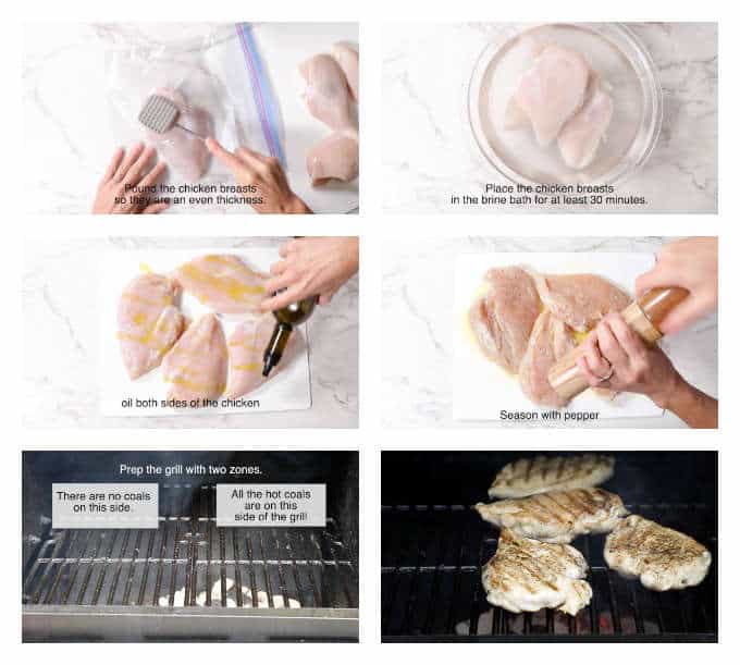 collage of photos showing the steps to make perfect grilled chicken breasts