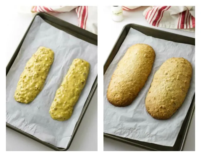 process photos showing how to put almond biscotti on a baking sheet