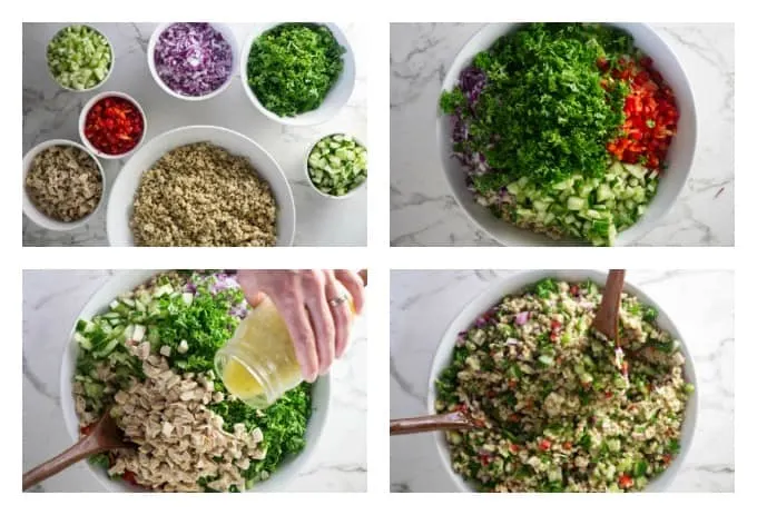 process photos showing the making of chicken barley salad
