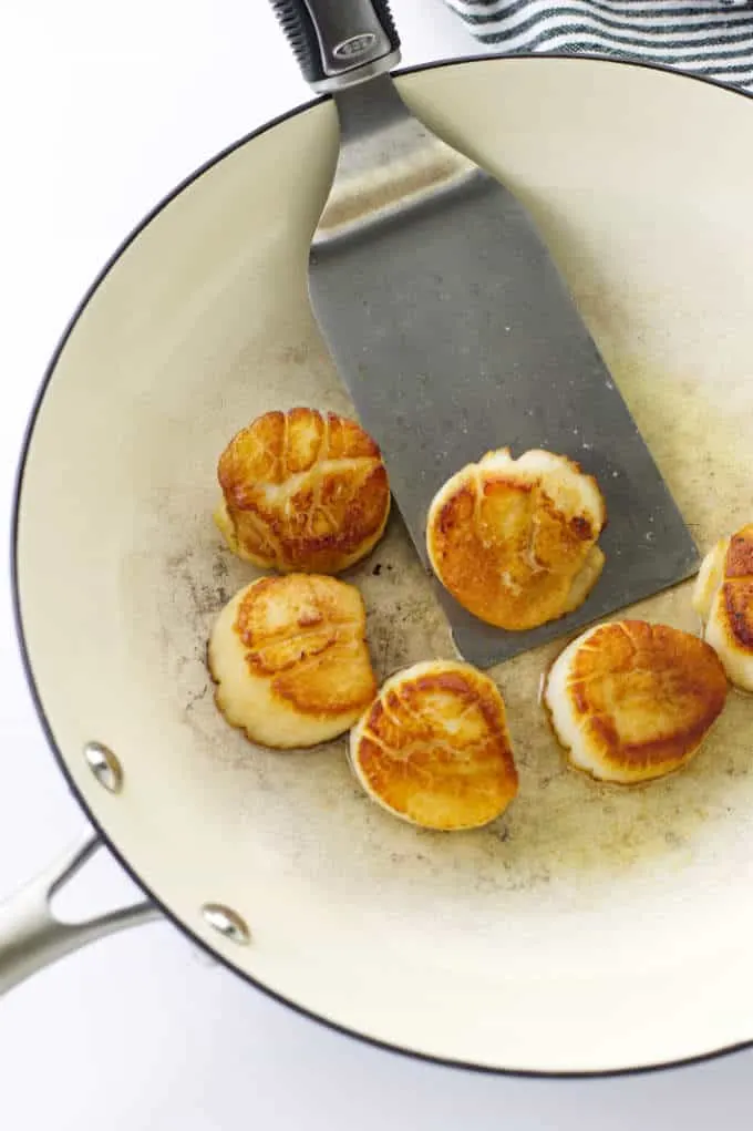 Six seared scallops in skillet with spatula