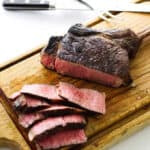 steak on cutting board with knife/fork