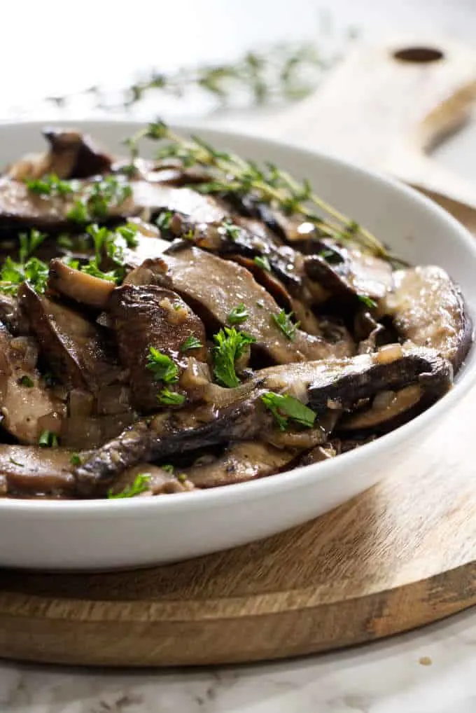 bowl of sauteed portobello mushrooms