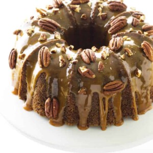 Overhead view of caramel apple cake