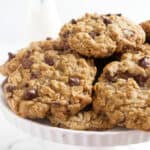 A serving plate of chocolate chip oatmeal cookies