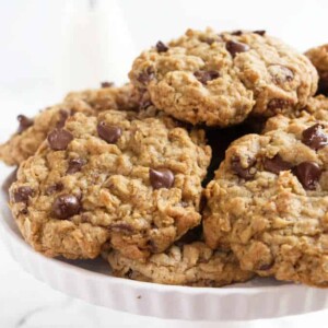 A serving plate of chocolate chip oatmeal cookies