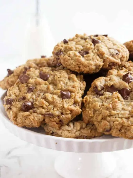 A serving plate of chocolate chip oatmeal cookies