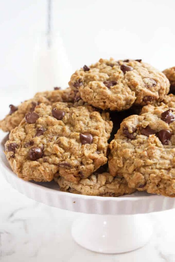 A serving plate of chocolate chip oatmeal cookies