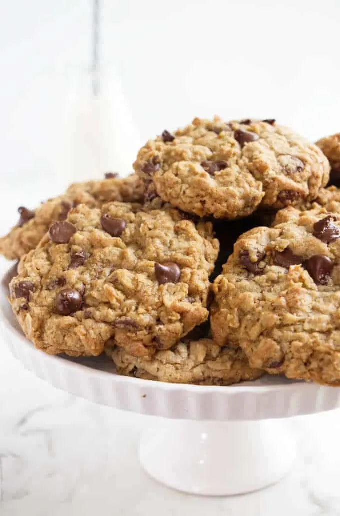 A serving plate of chocolate chip oatmeal cookies