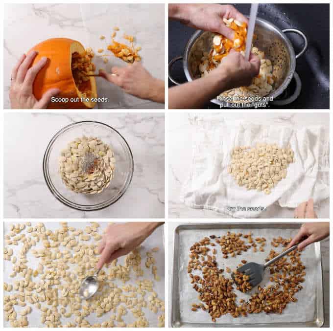 collage of 6 photos showing the steps for roasting pumpkin seeds.