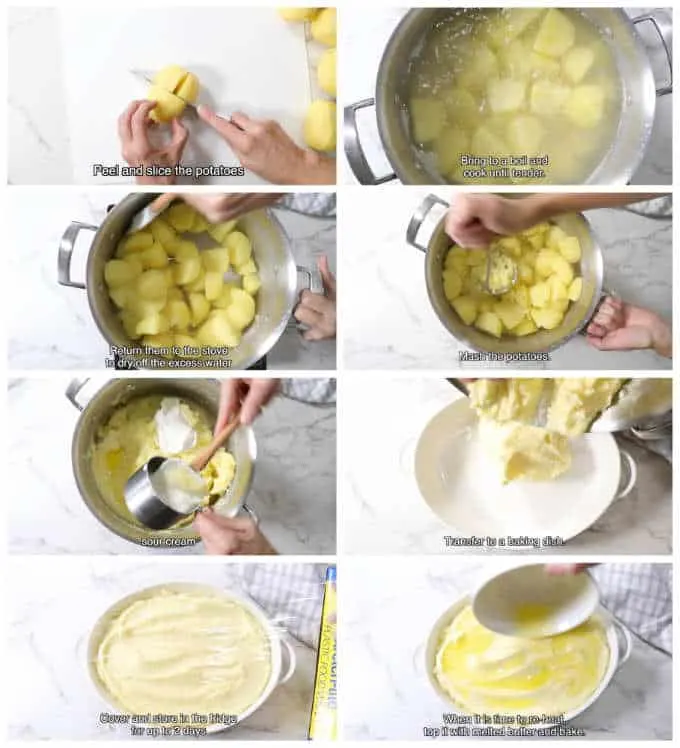 collage of 8 photos showing how to mix make ahead mashed potatoes