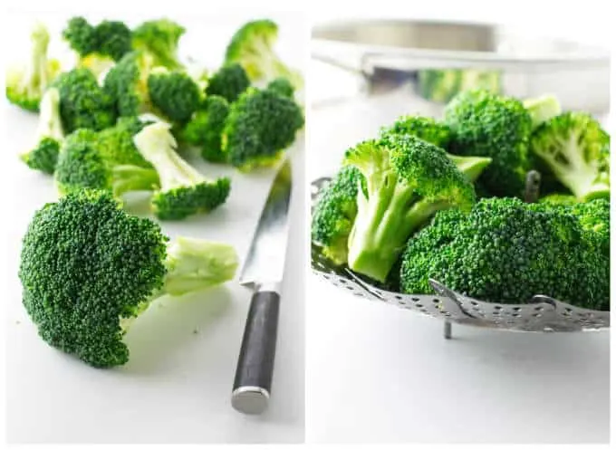 collage of 2 photos prepping broccoli for steaming