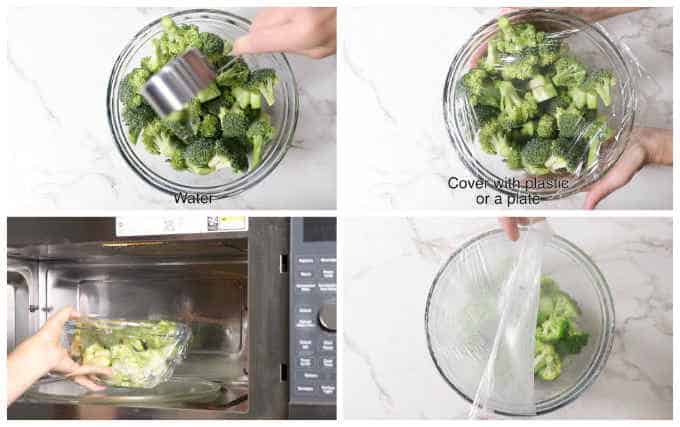 collage showing how to steam broccoli in the microwave