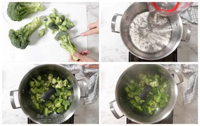 collage showing how to steam broccoli on the stovetop