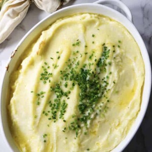overhead photo of make ahead mashed potatoes