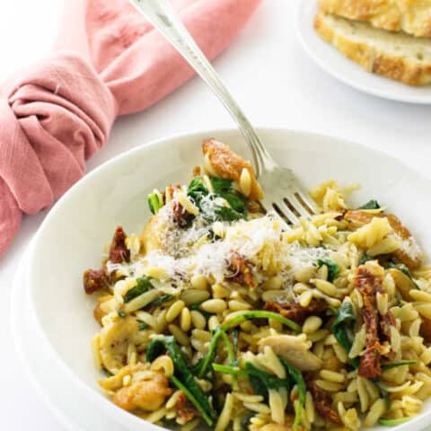 serving of chicken, orzo, sun-dried tomatoes and kale