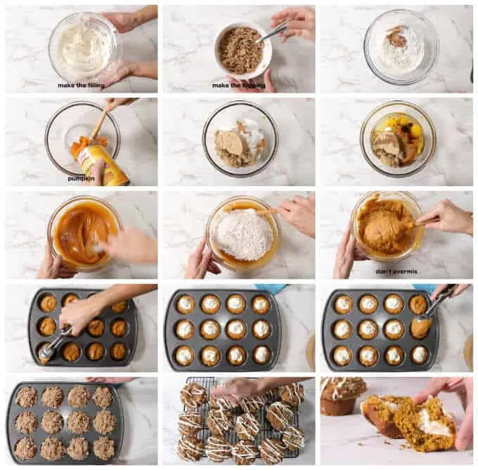 collage of process photos showing how to make pumpkin muffins stuffed with cheesecake