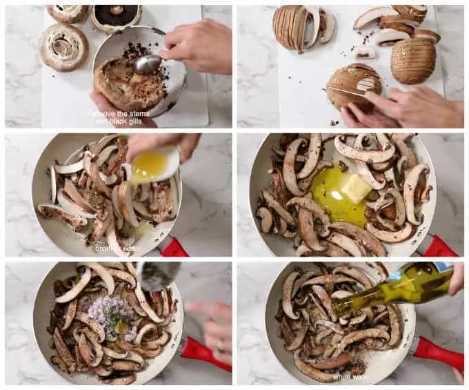 collage of process photos for sauteed portobello mushrooms