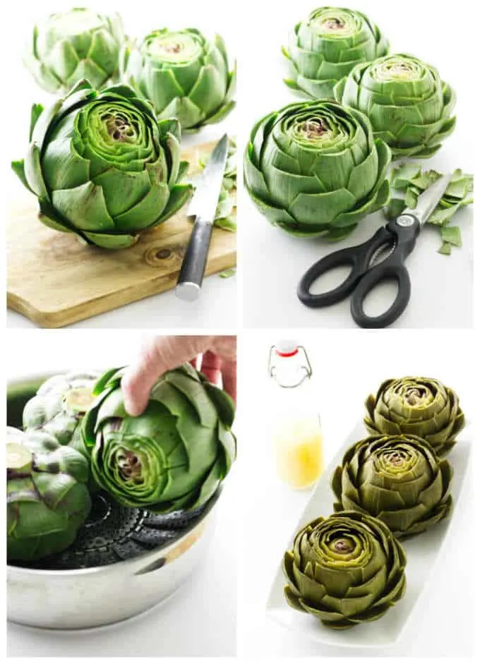 collage of process photos showing how to steam artichokes