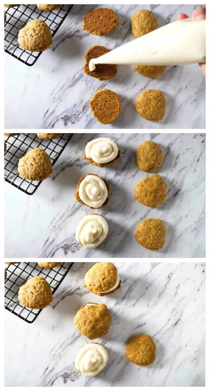 process photos showing how to make pumpkin whoopie pies or pumpkin cookies with cream cheese frosting