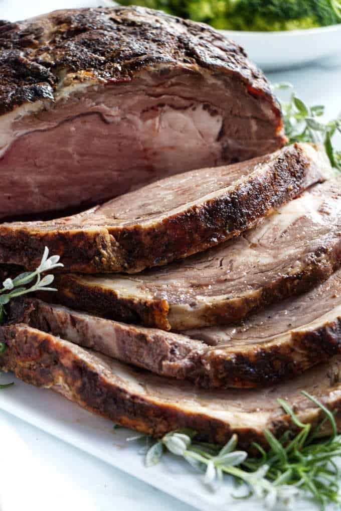 smoked prime rib on a serving platter