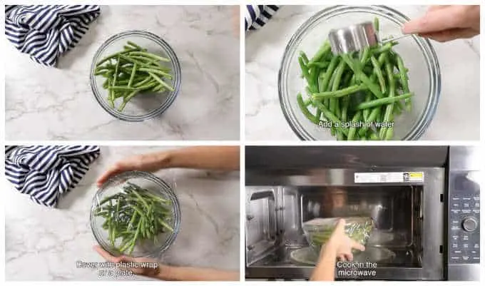 Collage of 4 photos showing how to steam green beans in the microwave