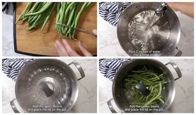 collage of 4 photos showing how to steam green beans on the stove top