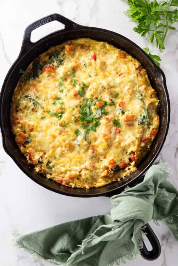 sweet potato frittata in a cast iron skillet