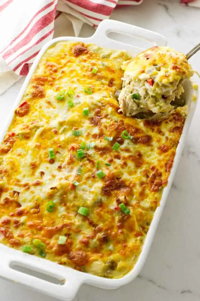 overhead view of casserole with spoon full