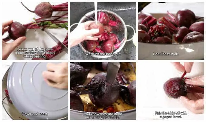 collage of 6 photos showing how to roast beets