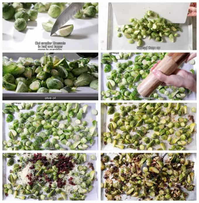 collage of 8 photos showing how to make roasted Brussels