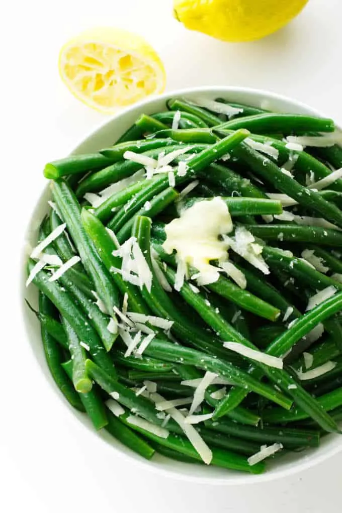 an overhead photo of steamed green beans