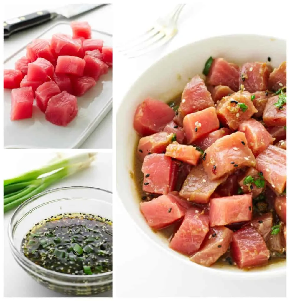 College of cut tuna, bowl of marinade, dish of marinating tuna