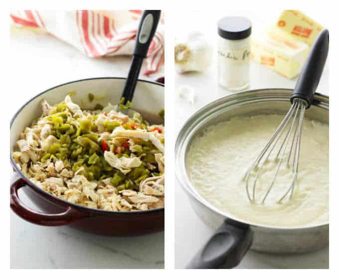 A collage of two photos showing how to make the filling and sauce for a casserole.