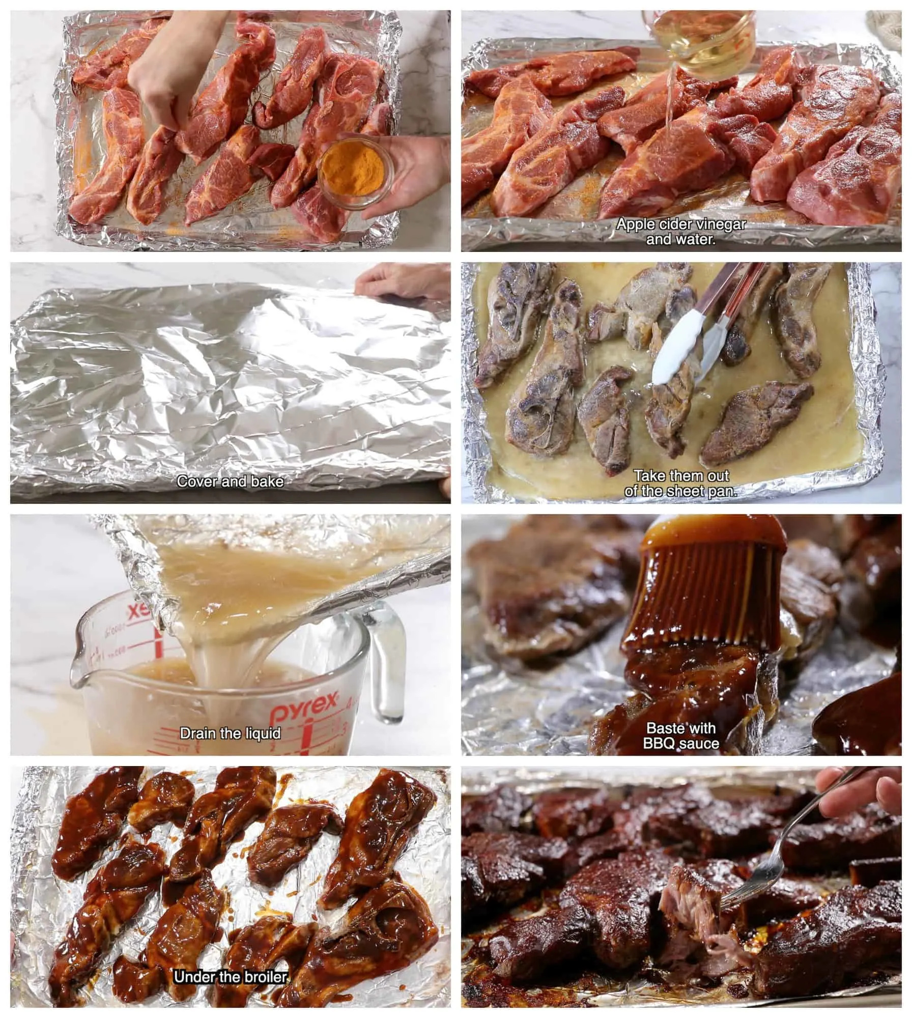 Collage of 8 photos showing how to make country-style pork chops in the oven.