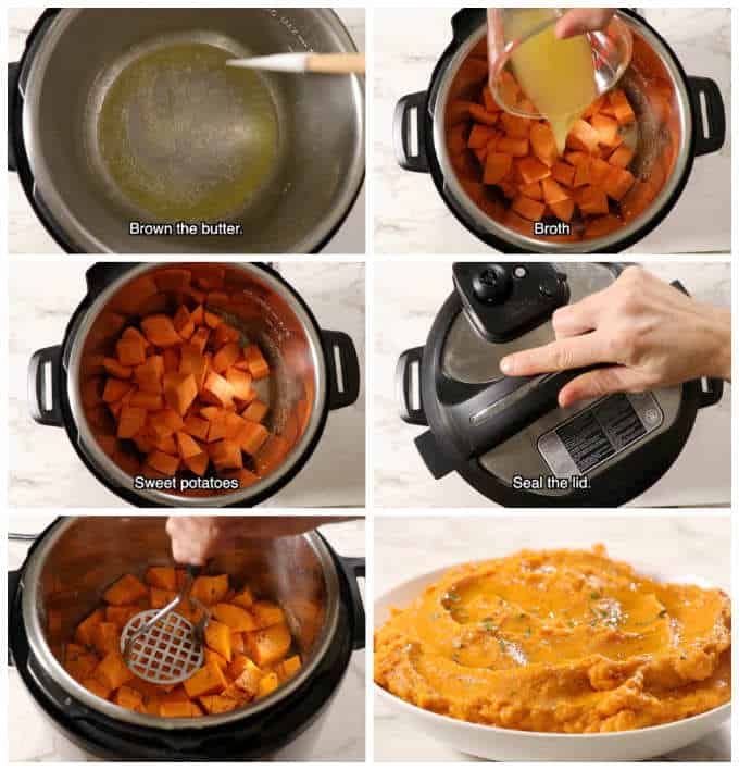 collage of 6 photos showing how to make instant Pot mashed sweet potatoes