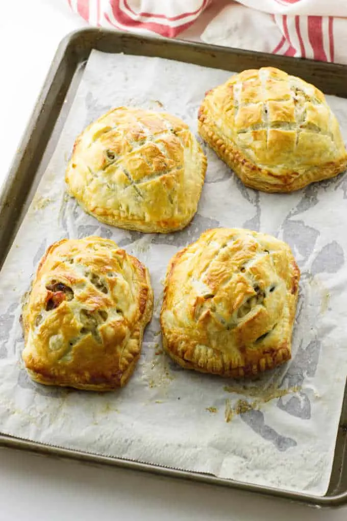 Golden puff pastry encloses salmon and crab