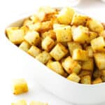 Dish of homemade garlic croutons