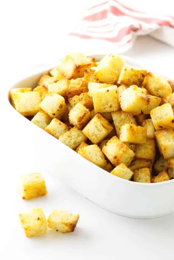 Dish of homemade garlic croutons