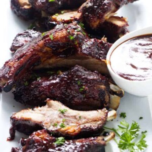 A serving plate of baby back ribs made in the Instant Pot