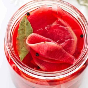 Overhead view of pickled watermelon radishes