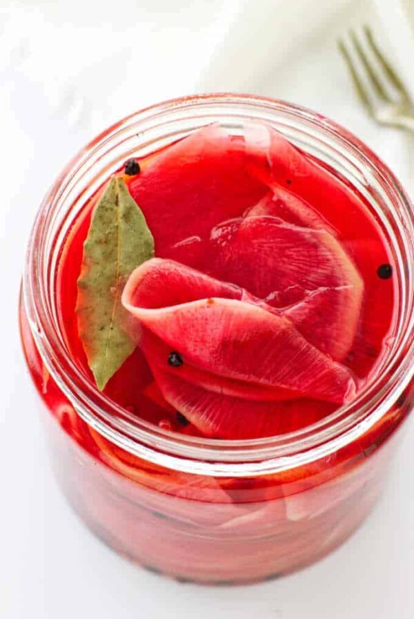 Overhead view of pickled watermelon radishes