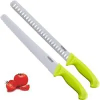 Cook N Home 2-Piece 10" Wavy Serrated Bread Slicer and 11" Granton Edge Meat/Fish Knife Set, Green