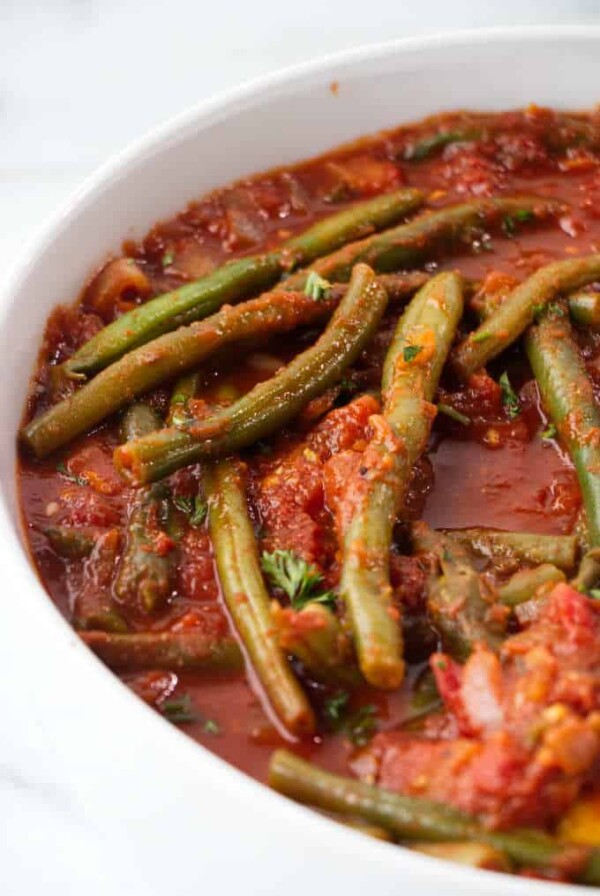 Lebanese braised green beans in a bowl