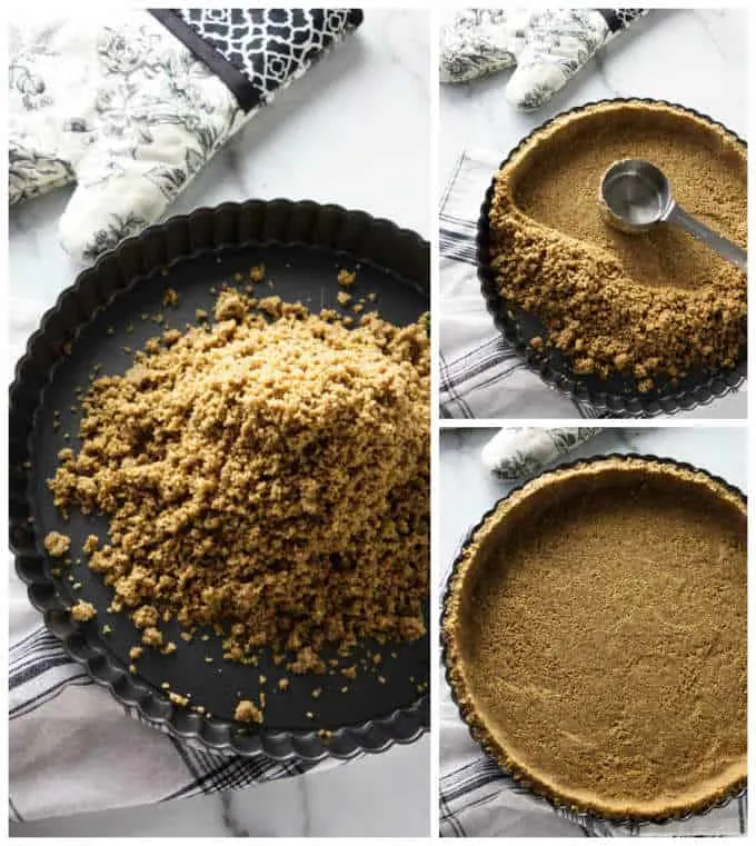 Process photos of pressing a brown sugar pecan pie crust into a tart pan.