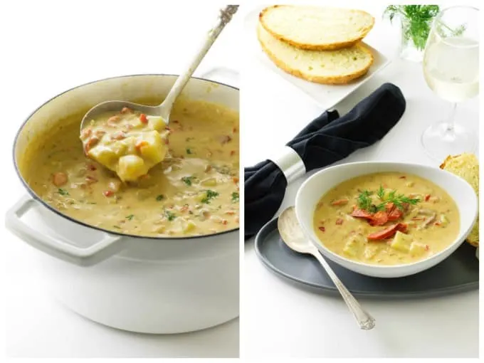 A collage of 2 pictures showing smoked salmon chowder in a pot and in a serving bowl. 