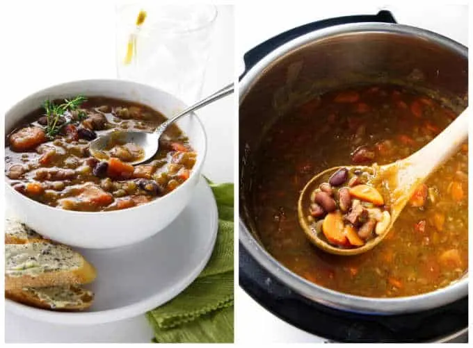 Collage of 2 photos of instant pot 15 bean soup.